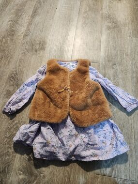 Toddler Girl's Lavender Floral Dress with Tan Faux-Fur Vest
